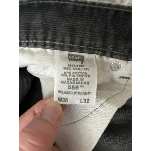 Levis 559 Corduroy Pants Mens 36x32 Gray Relaxed Fit Straight‎ Leg Preppy Casual - Picture 11 of 16